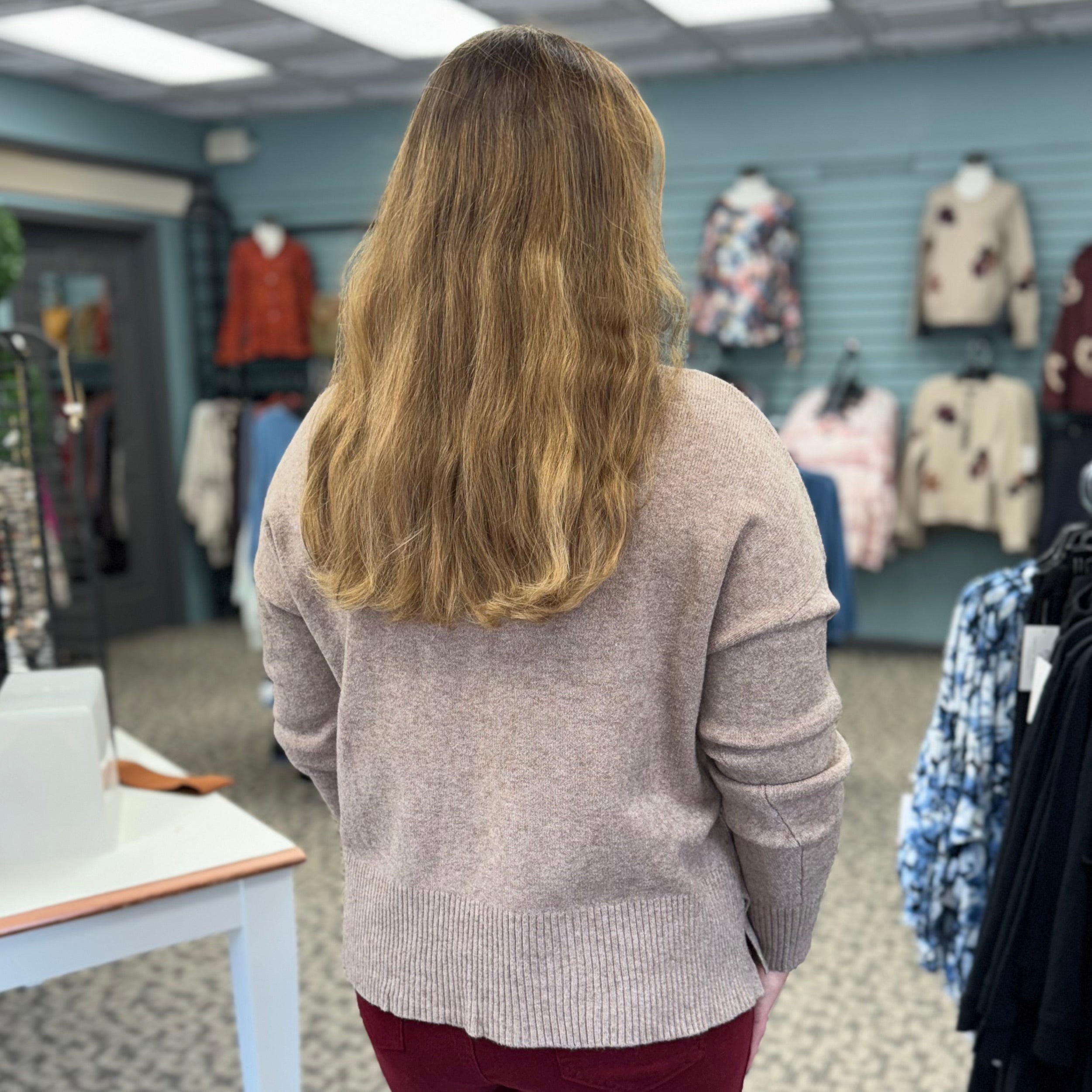 Crew Neck Drop Shoulder Cropped Sweater with Pocket