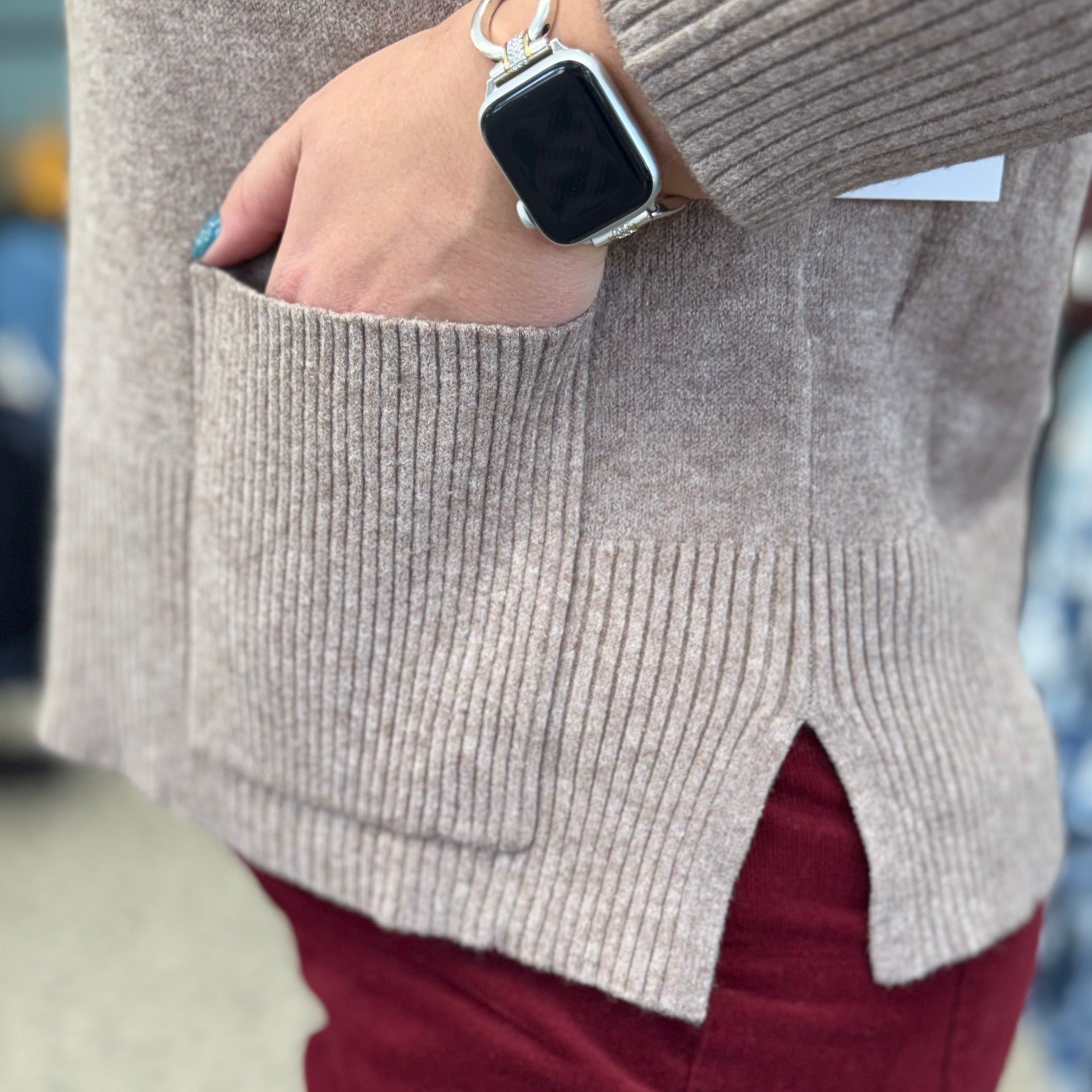 Crew Neck Drop Shoulder Cropped Sweater with Pocket