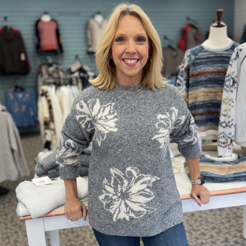Long Sleeve Drop Shoulder Crew Neck Placed Jacquard Sweater