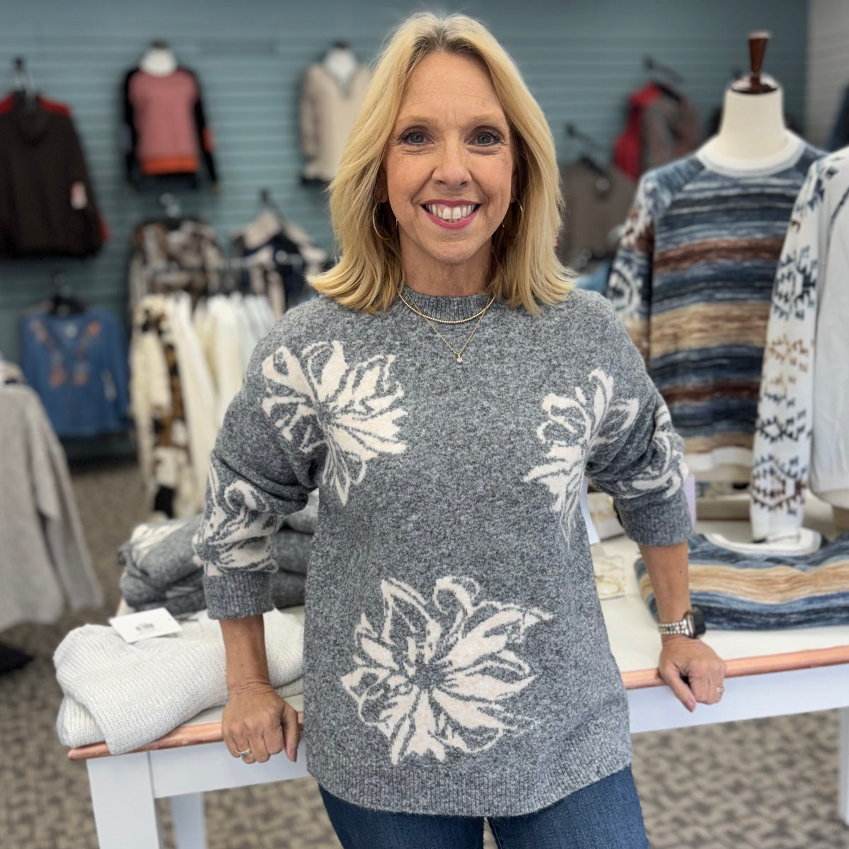 Long Sleeve Drop Shoulder Crew Neck Placed Jacquard Sweater