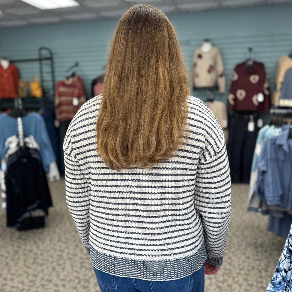 Long Sleeve Drop Shoulder Yarn Dye Striped Crew Neck Sweater