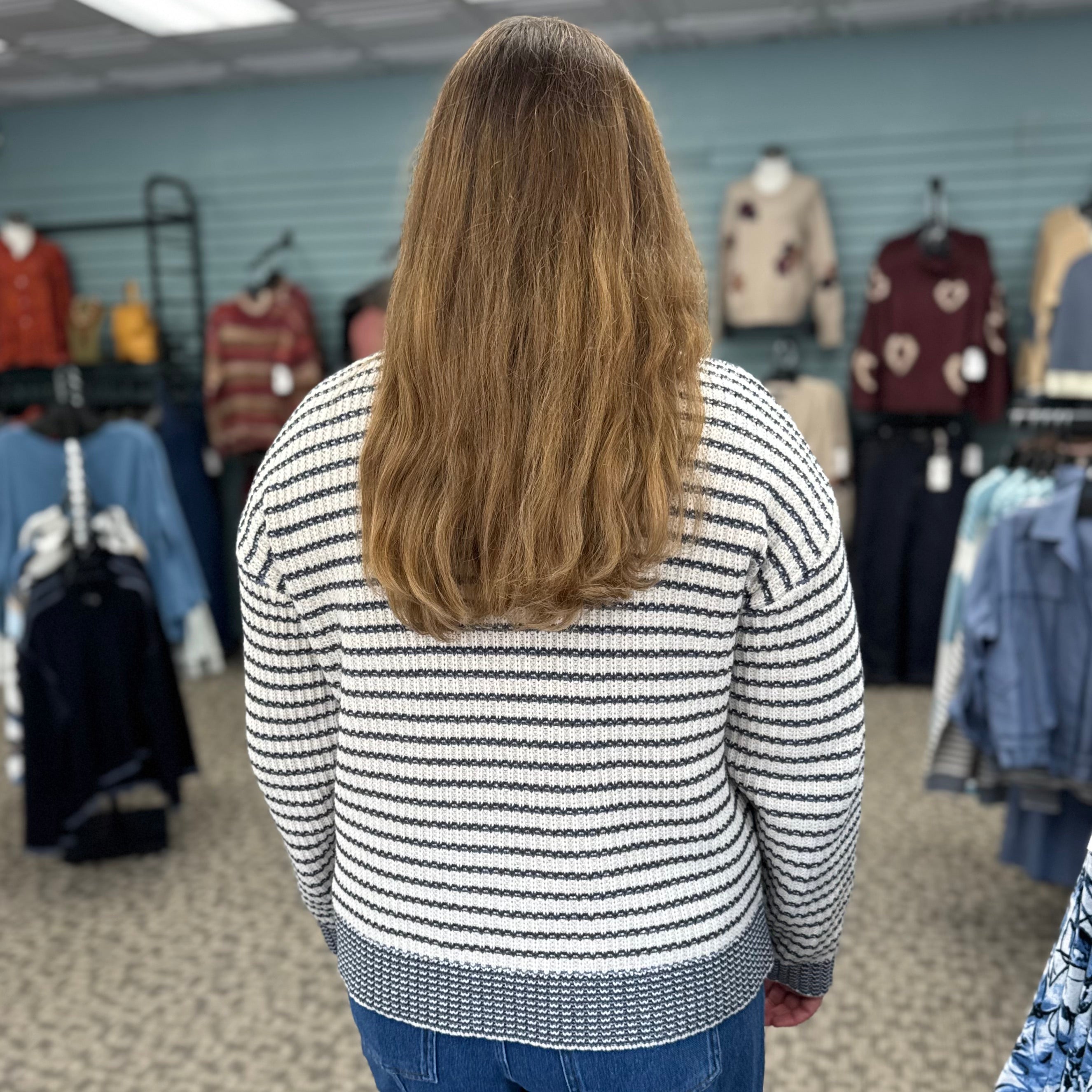 Long Sleeve Drop Shoulder Yarn Dye Striped Crew Neck Sweater