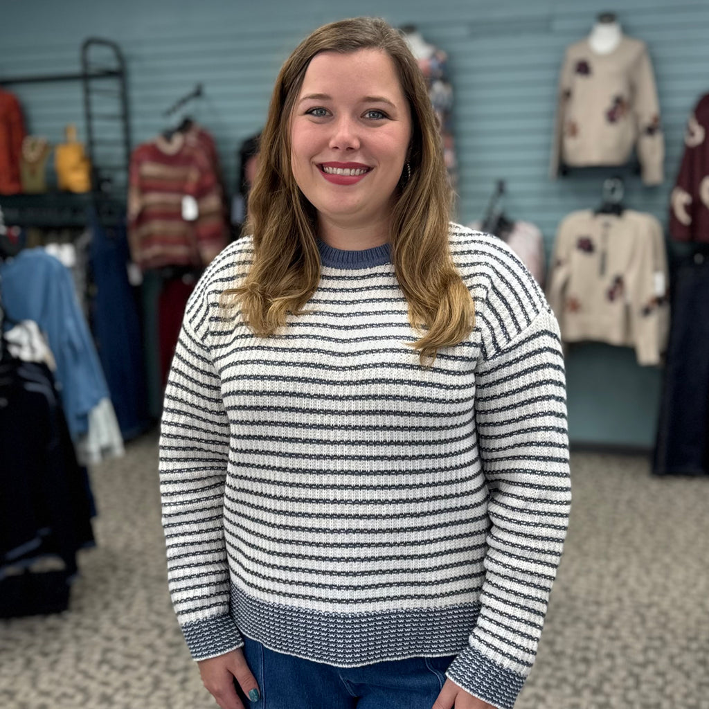 Long Sleeve Drop Shoulder Yarn Dye Striped Crew Neck Sweater