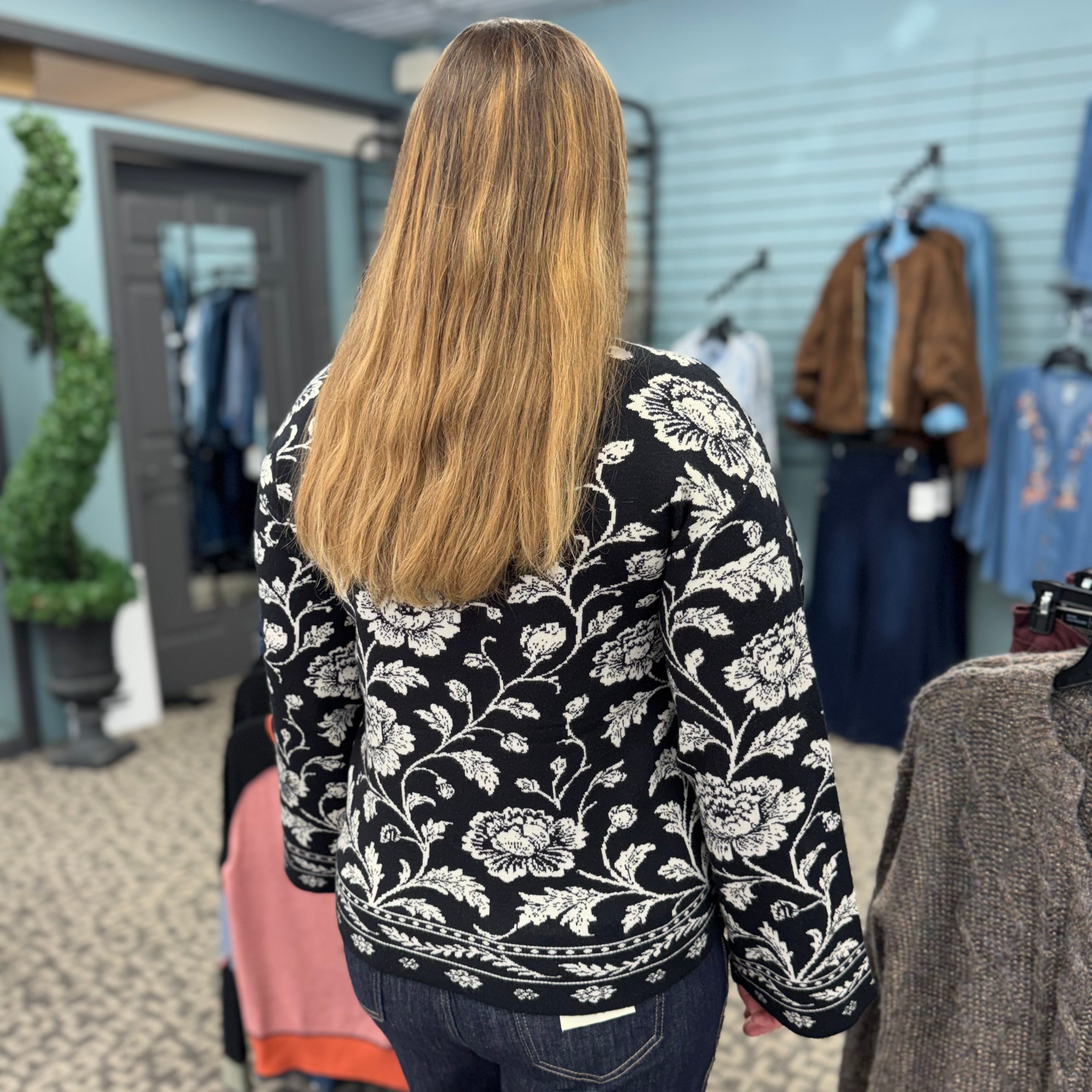 Jacquard Drop Shoulder Crew Neck Sweater