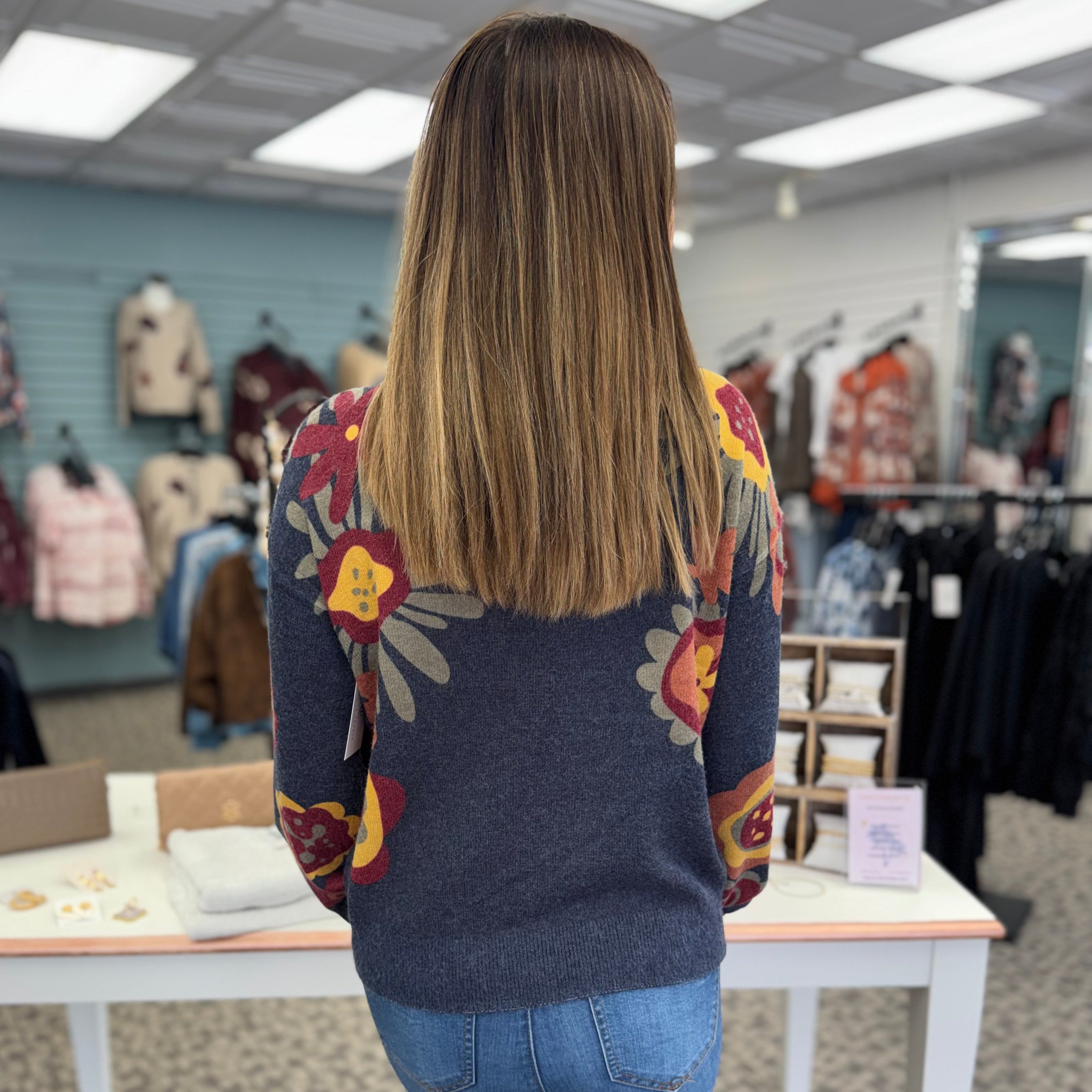 Long Sleeve Drop Shoulder Mock Neck Sweater with Placed Print