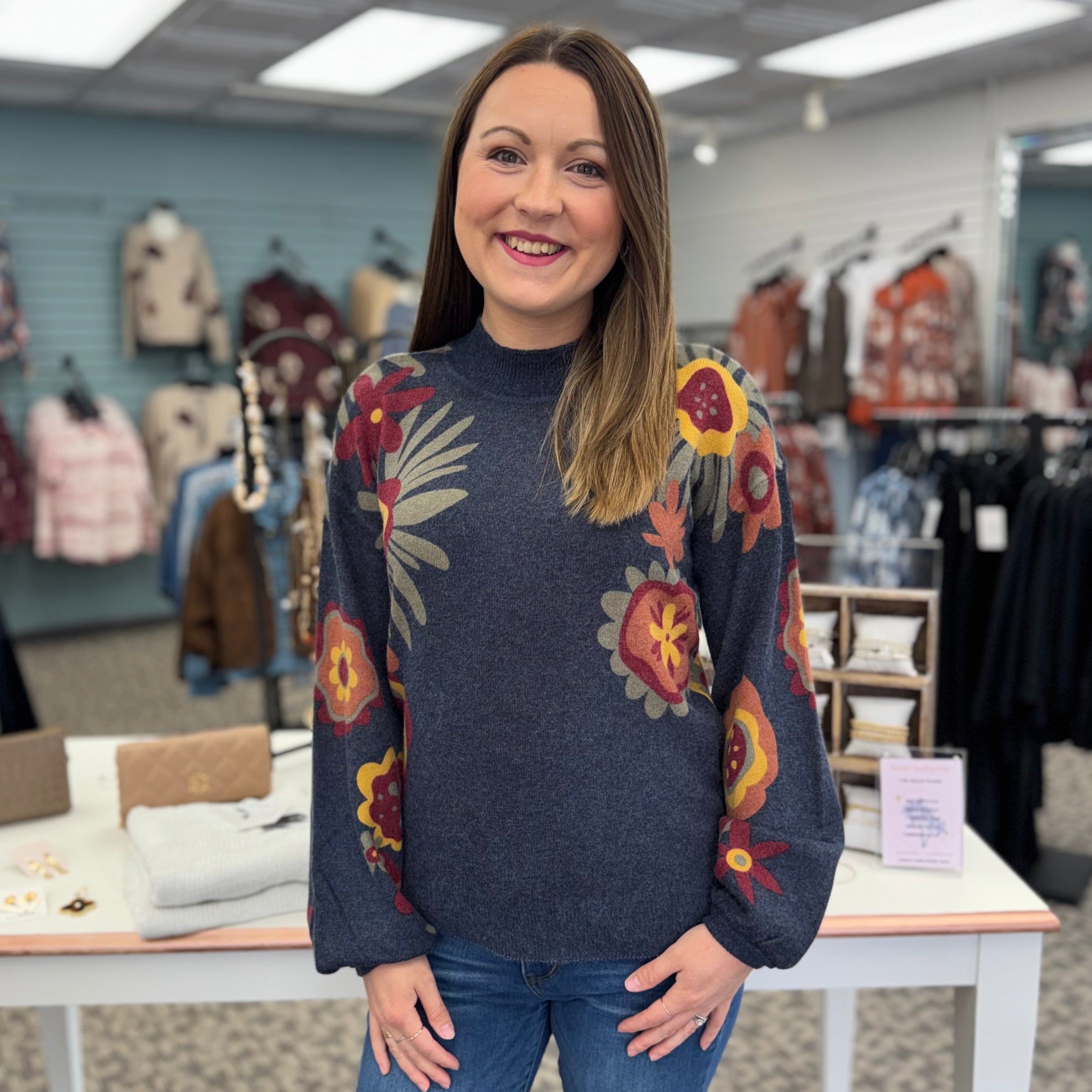 Long Sleeve Drop Shoulder Mock Neck Sweater with Placed Print