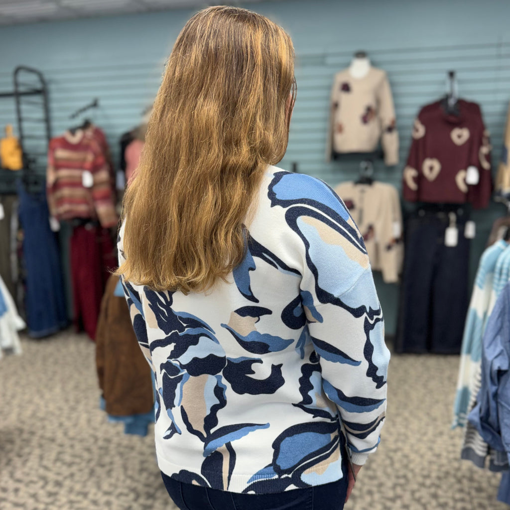 Long Sleeve Drop Shoulder Printed V-Neck Sweater