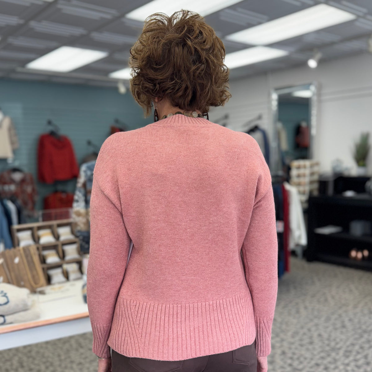 Long Sleeve Drop Shoulder V-Neck Sweater with Fully Fashioned Rib Detail