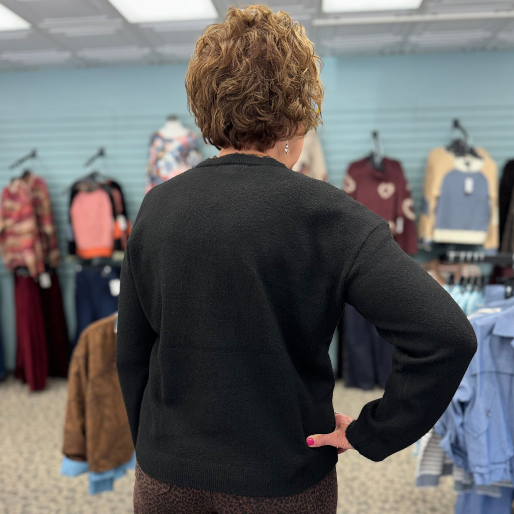Long Sleeve Drop Shoulder V-Notch Sweater with Woven Neck Trim