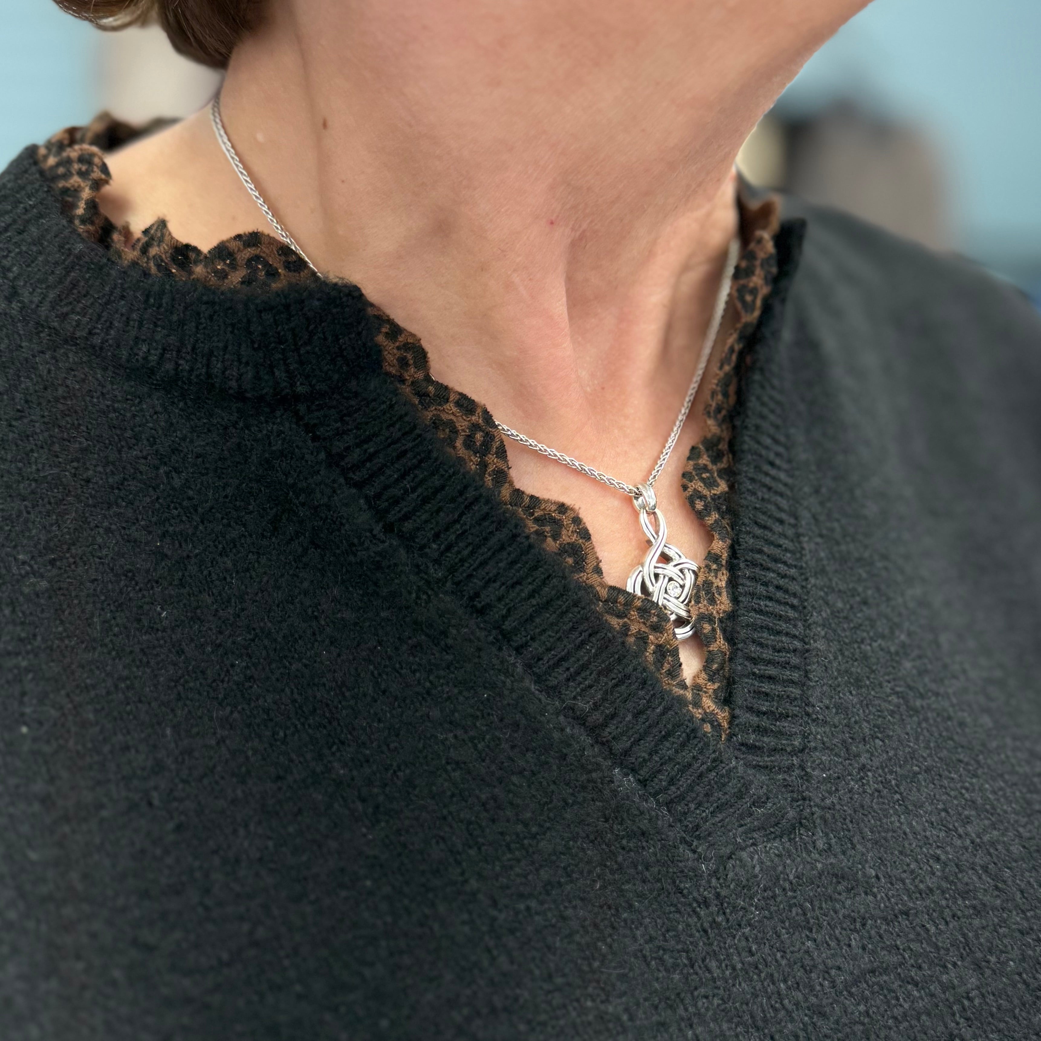 Long Sleeve Drop Shoulder V-Notch Sweater with Woven Neck Trim