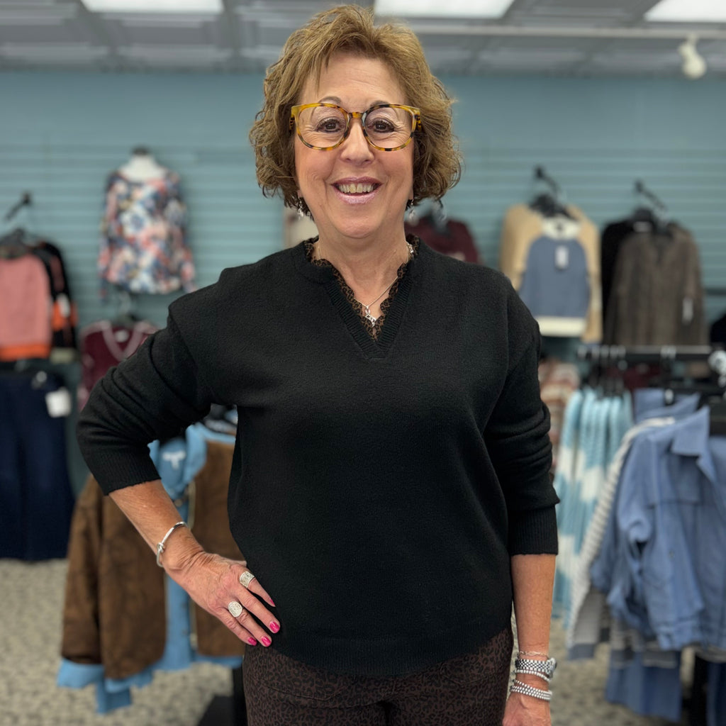 Long Sleeve Drop Shoulder V-Notch Sweater with Woven Neck Trim