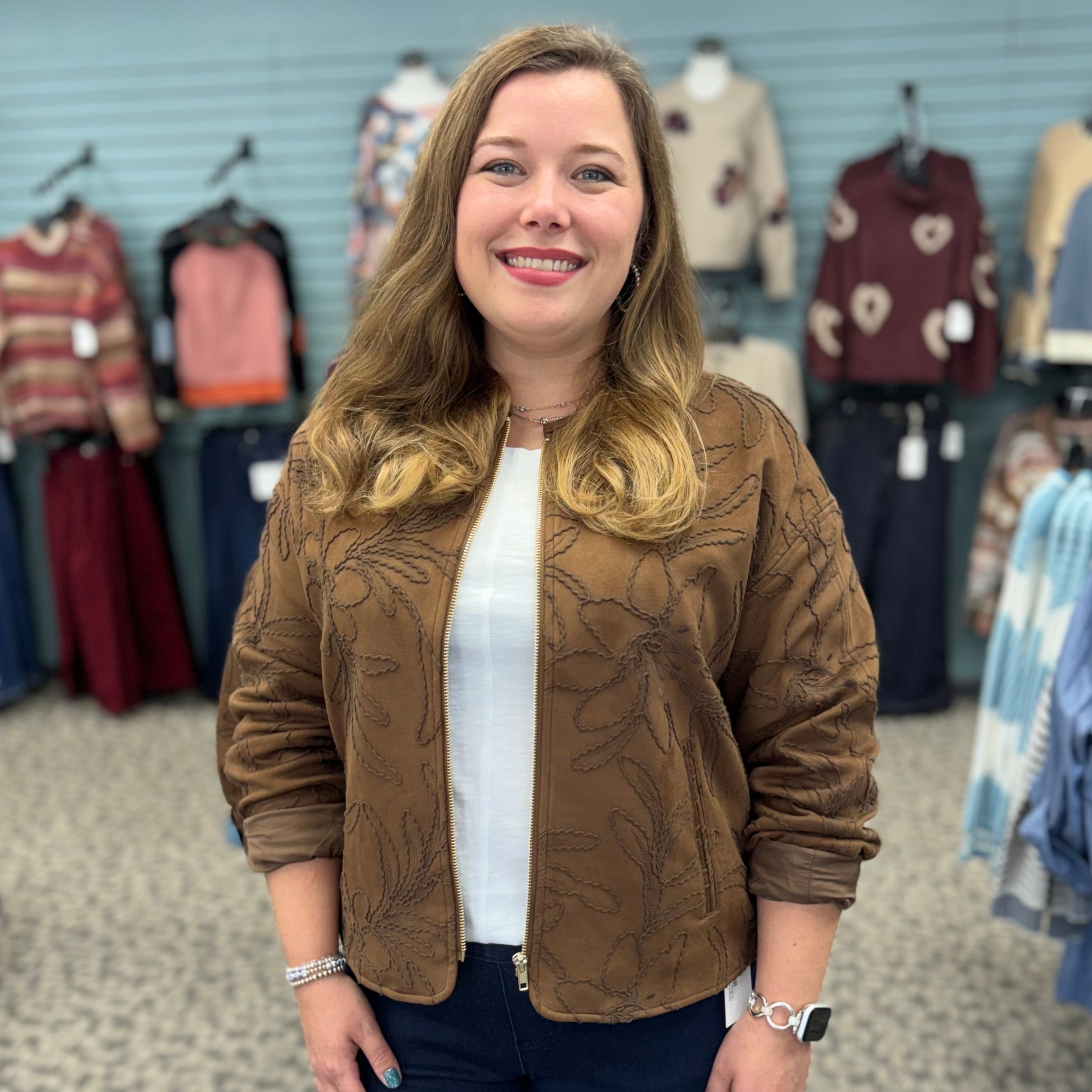Embroidered Faux Suede Bomber Jacket