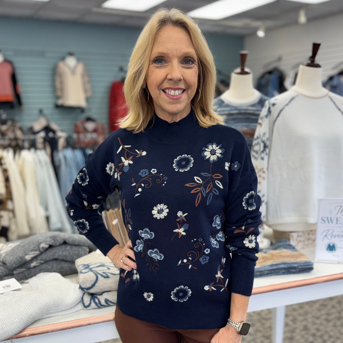 All Over Embroidered Mock Neck Sweater