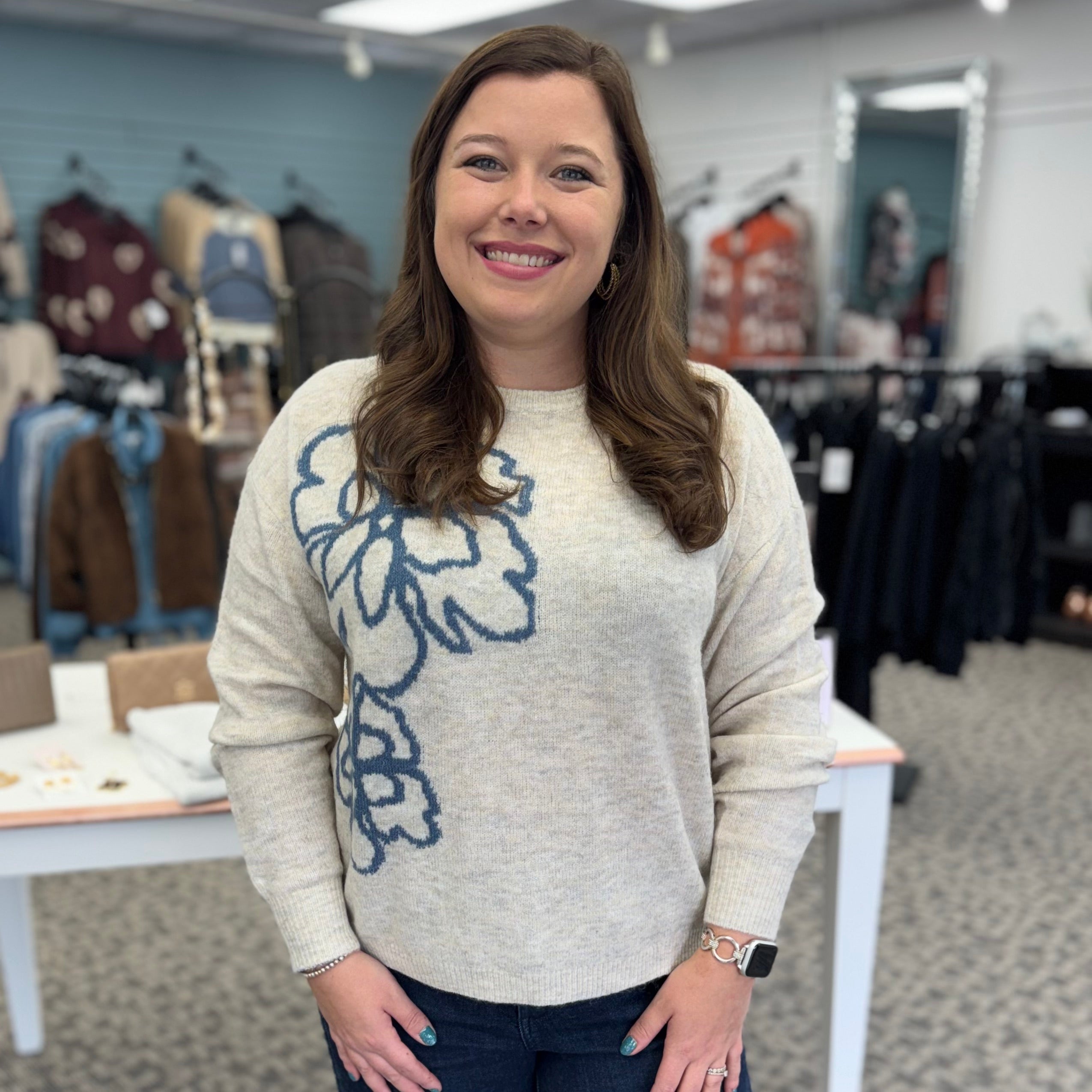 Long Sleeve Drop Shoulder Double Knit Intarsia Flower Sweater