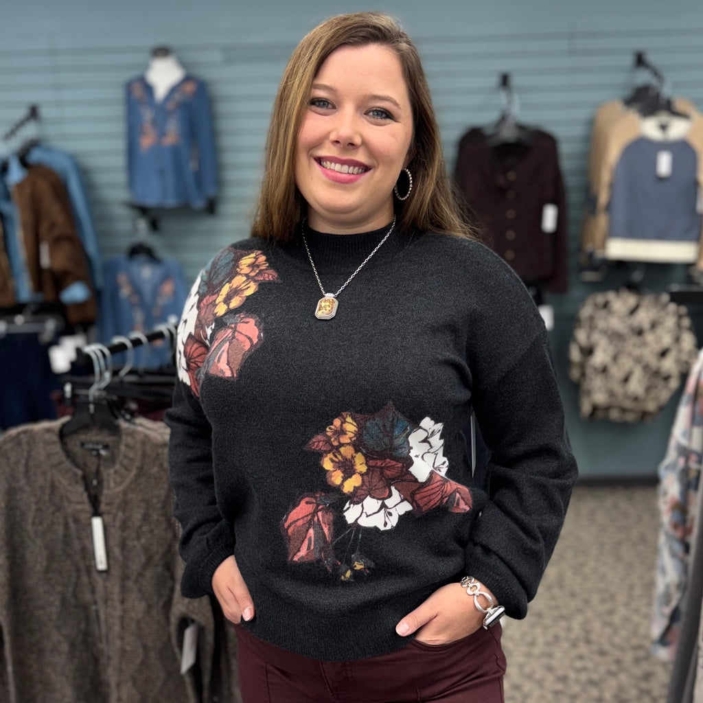 Placed Print Drop Shoulder Mock Neck Sweater