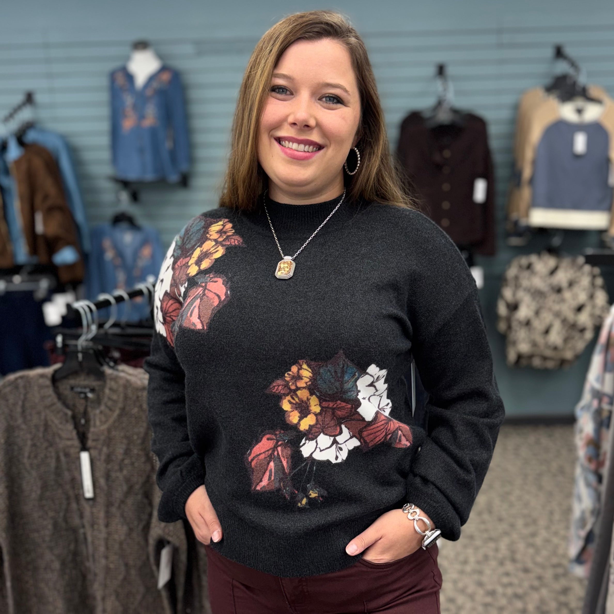 Placed Print Drop Shoulder Mock Neck Sweater