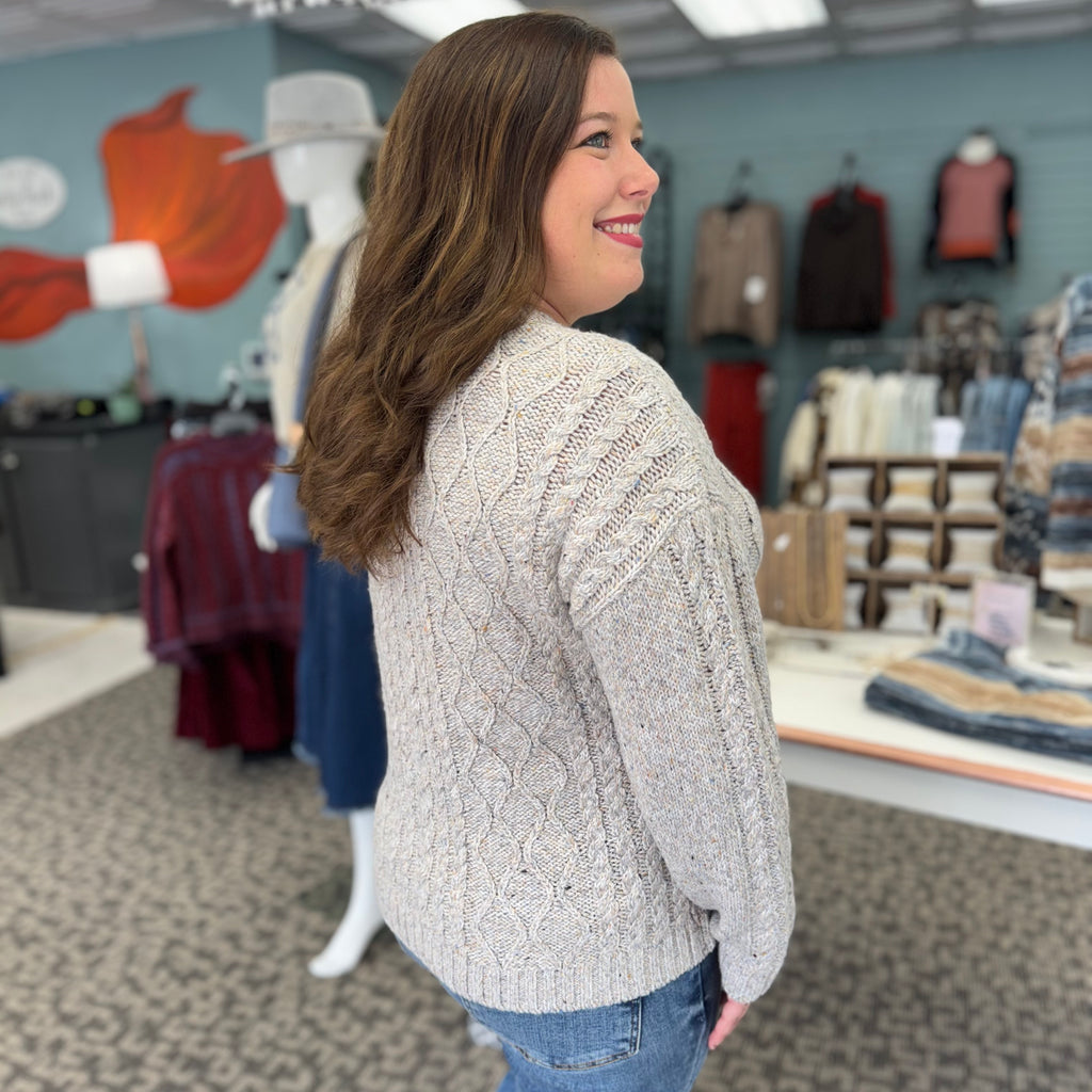 Long Sleeve Notch Neck Heather Nep Yarn Drop Shoulder Sweater Style- Nep Grey