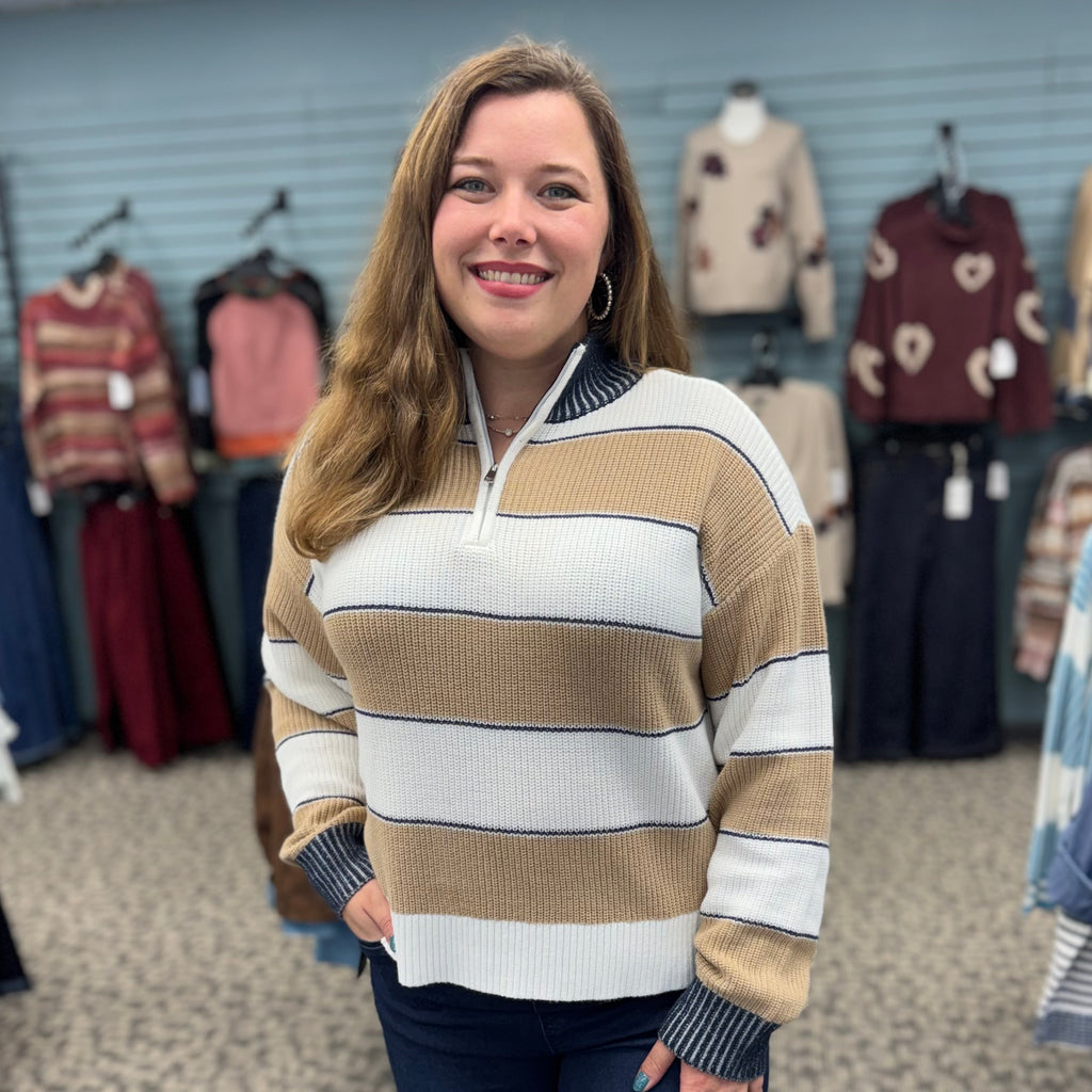 Zipped Mock Neck Striped Sweater