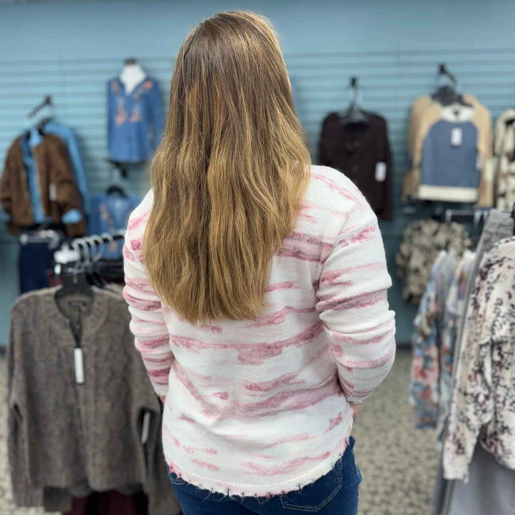 Reversible Printed Distressed Hem Crew Neck Sweater