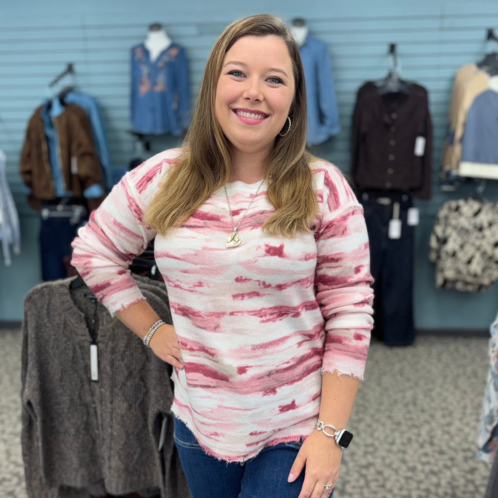 Reversible Printed Distressed Hem Crew Neck Sweater