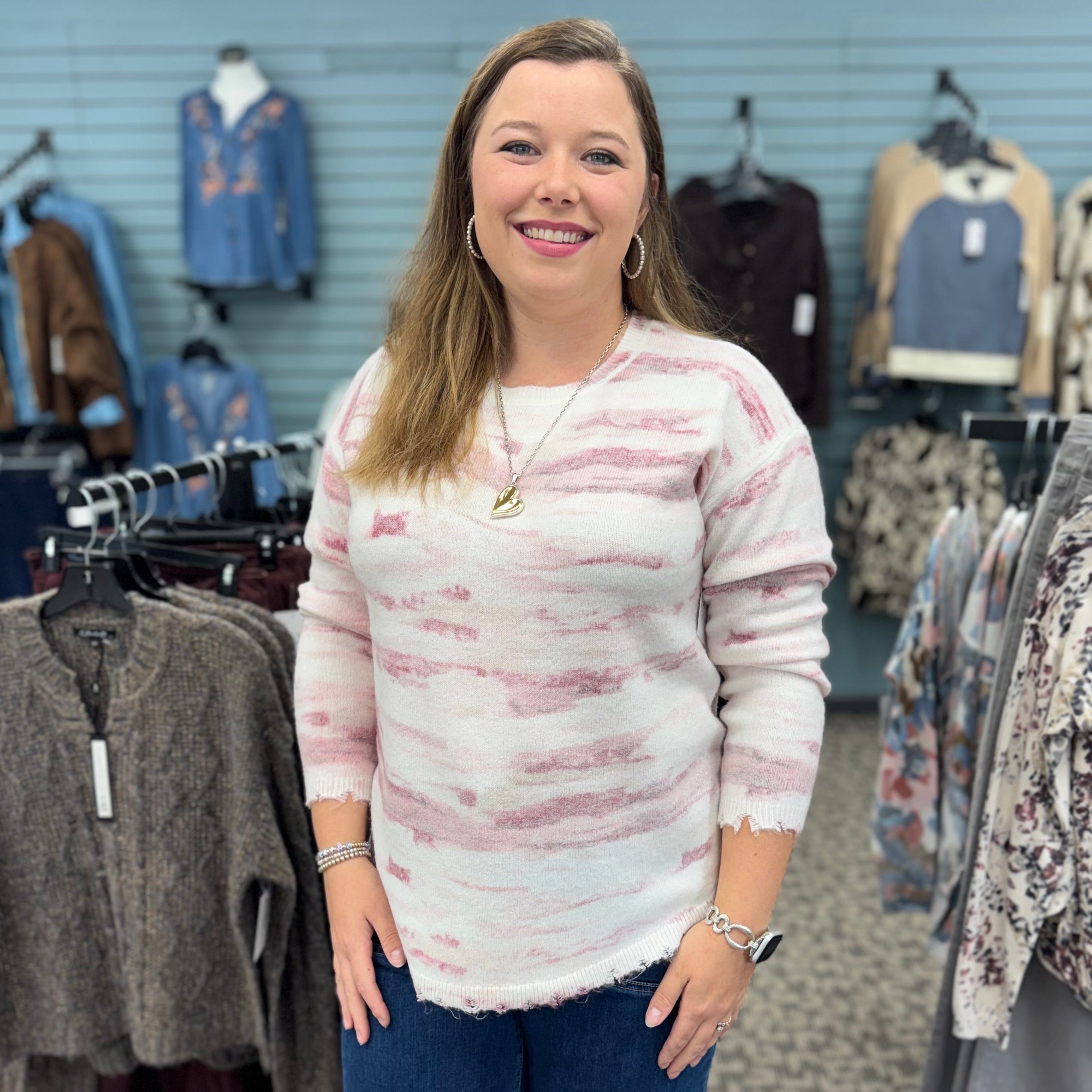 Reversible Printed Distressed Hem Crew Neck Sweater