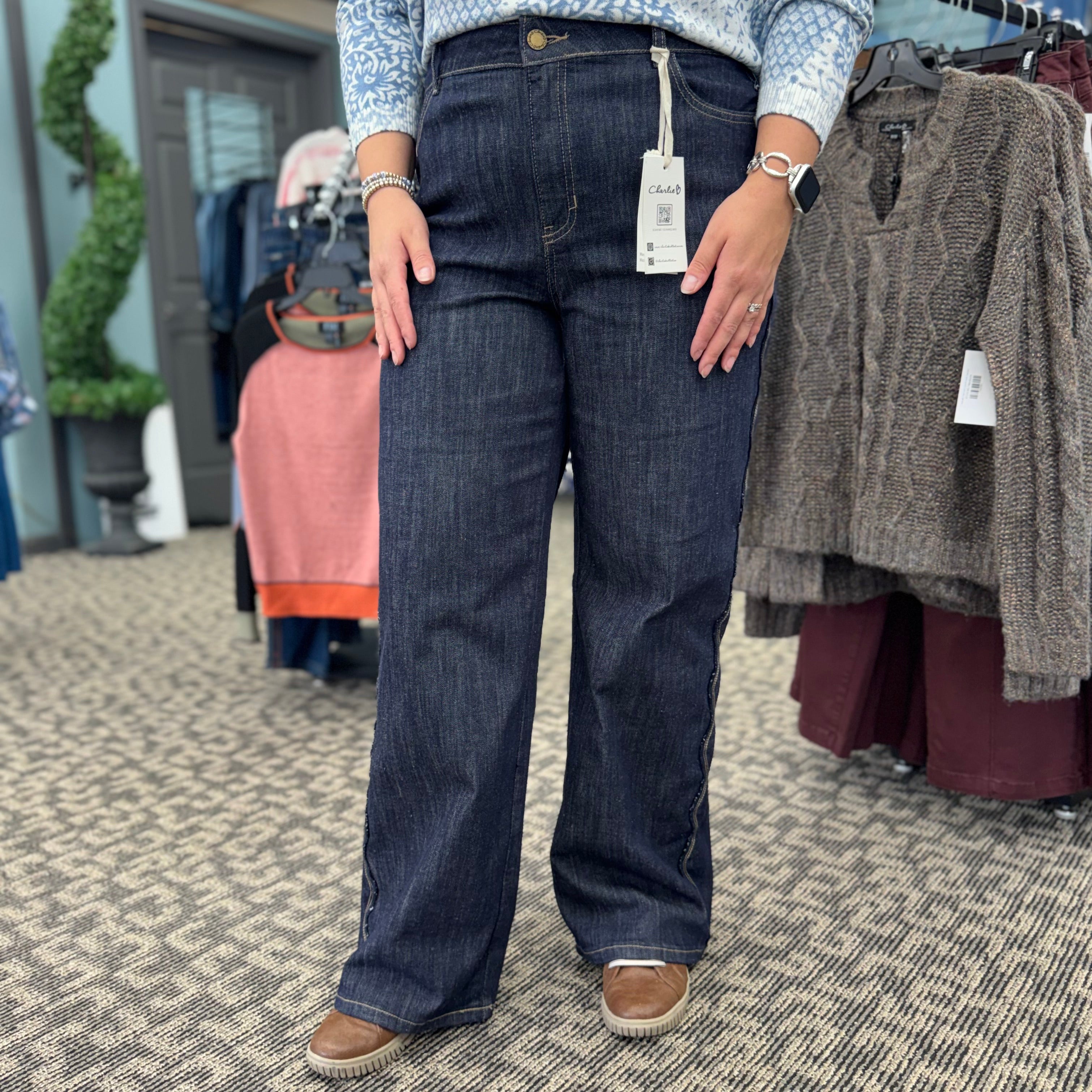 Scalloped Outseam Straight Leg Stretch Denim Pants