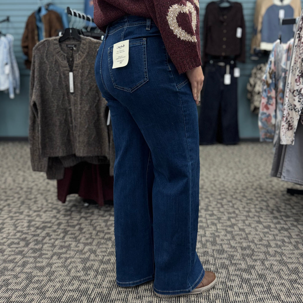 Wide Leg Stretch Denim Pants with Patch Pockets