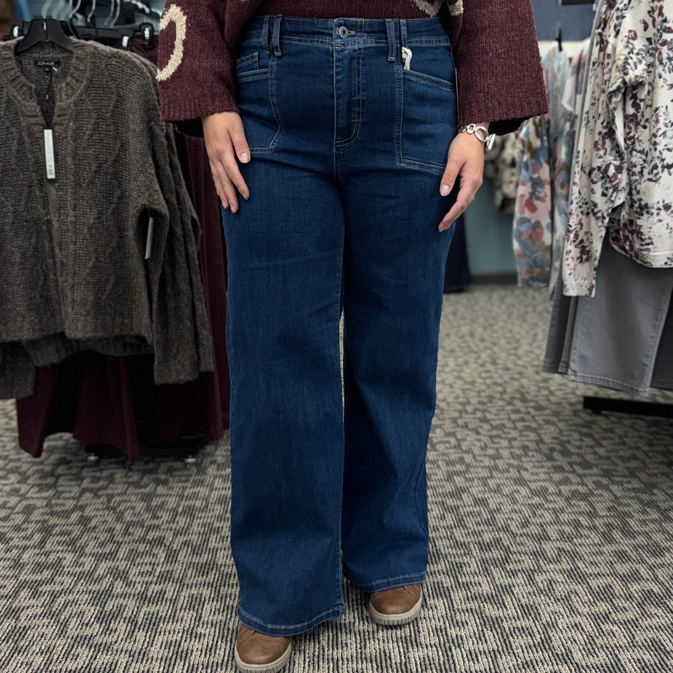 Wide Leg Stretch Denim Pants with Patch Pockets