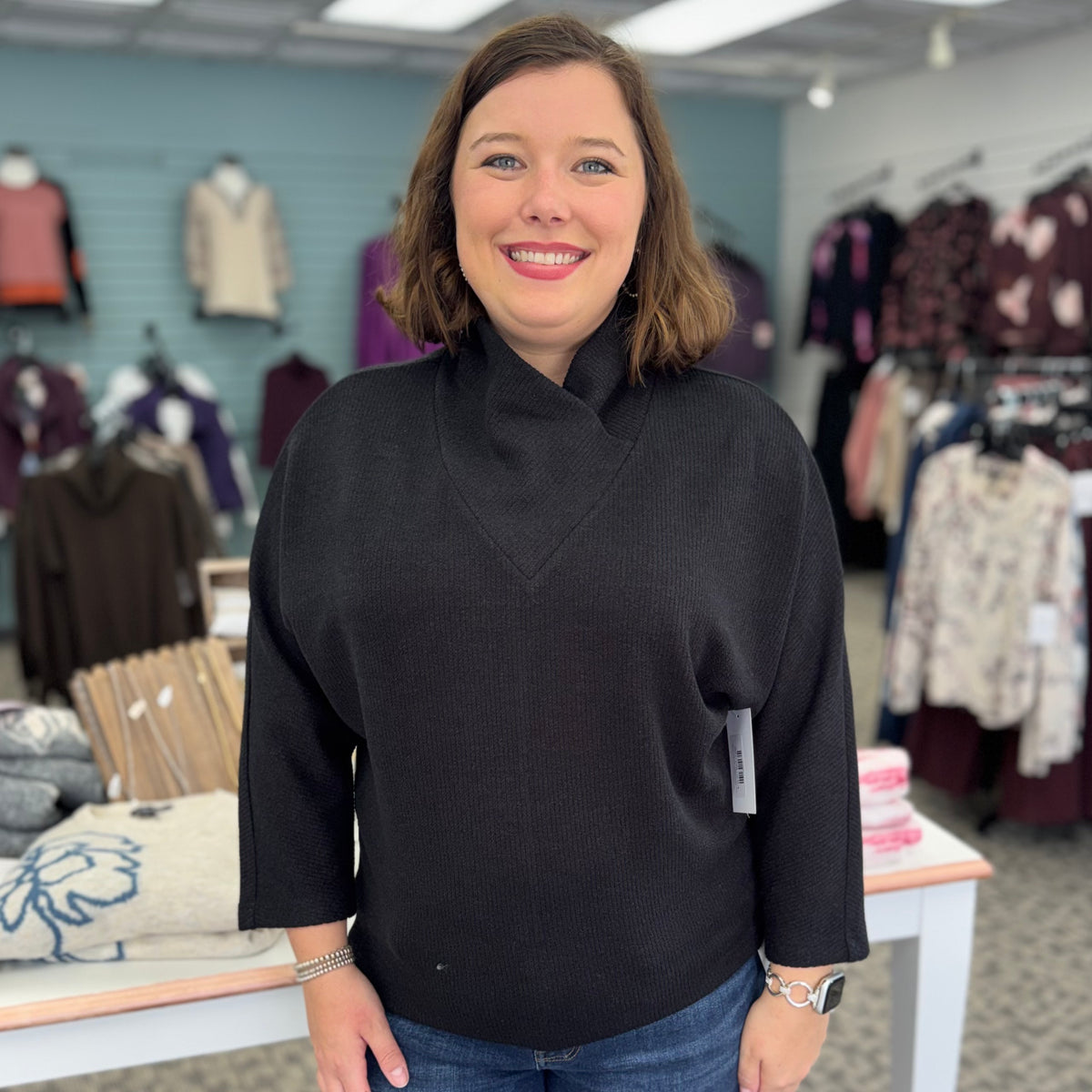 Plush Ribbed Crossover Petal Neck Sweater