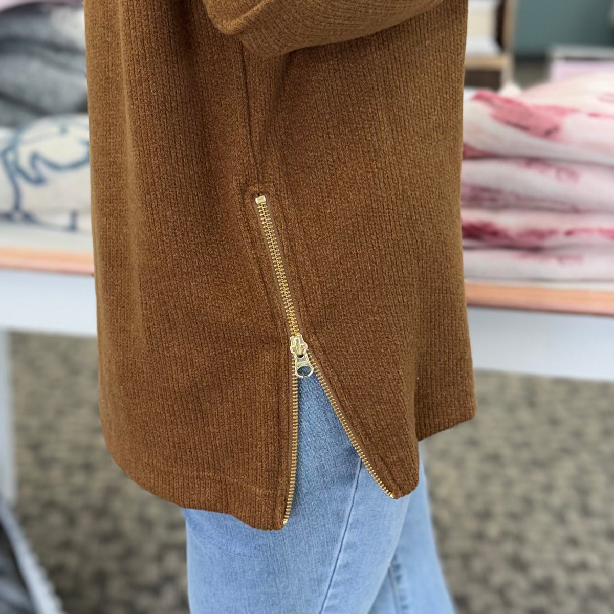 Plush Ribbed Zipper Vent Tunic Sweater