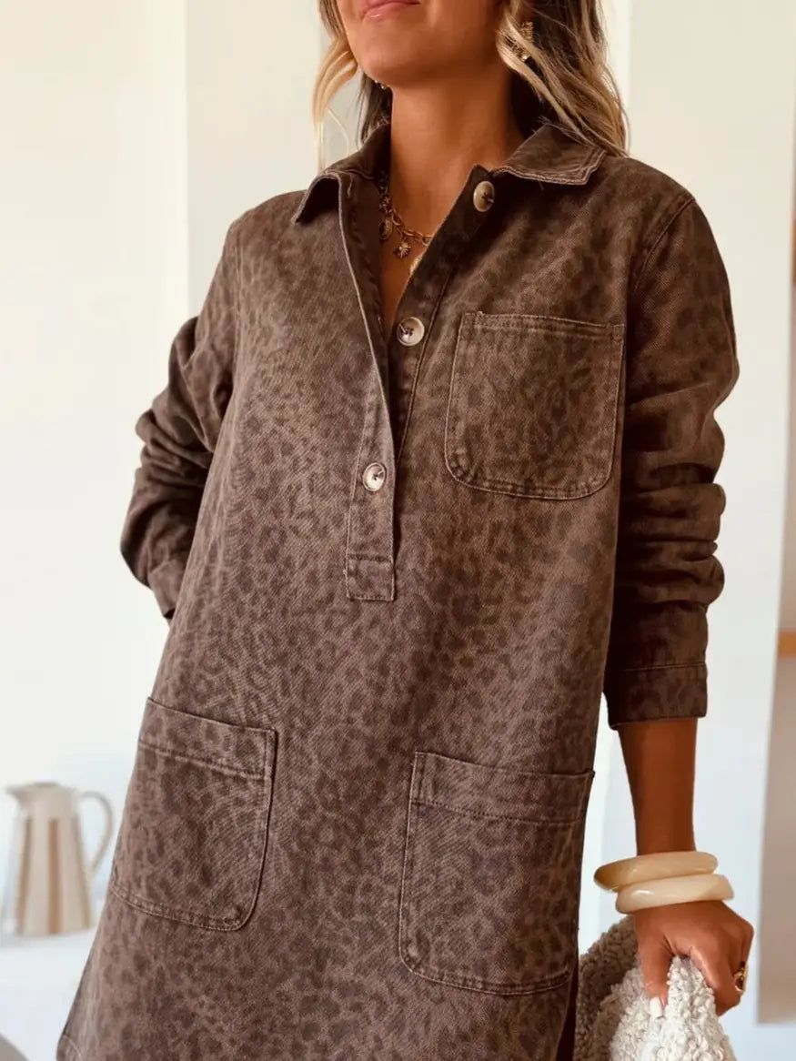 Vintage Collard Leopard Print Long Sleeve Loose Denim