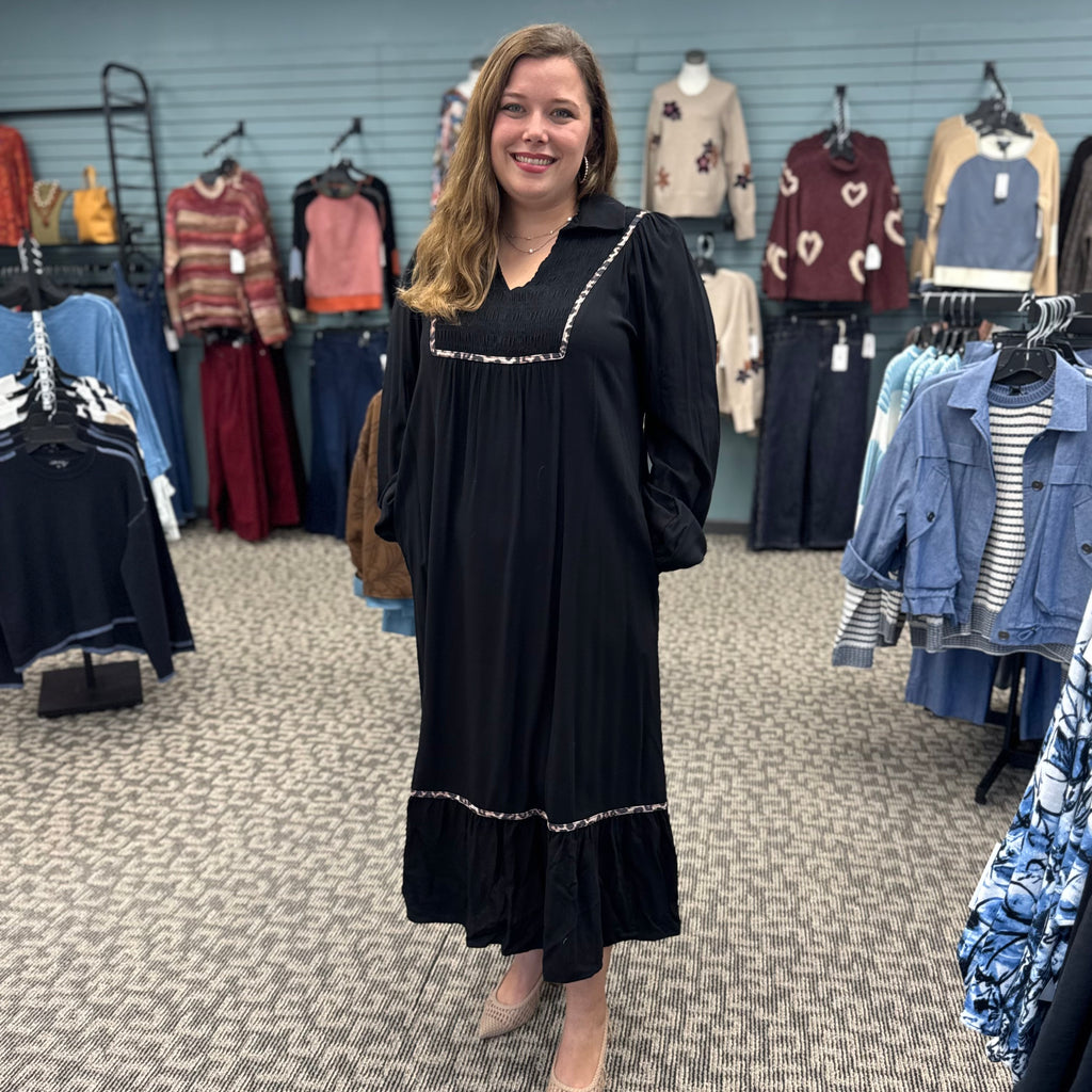 Smocked Detail Dress with Contrast Trim