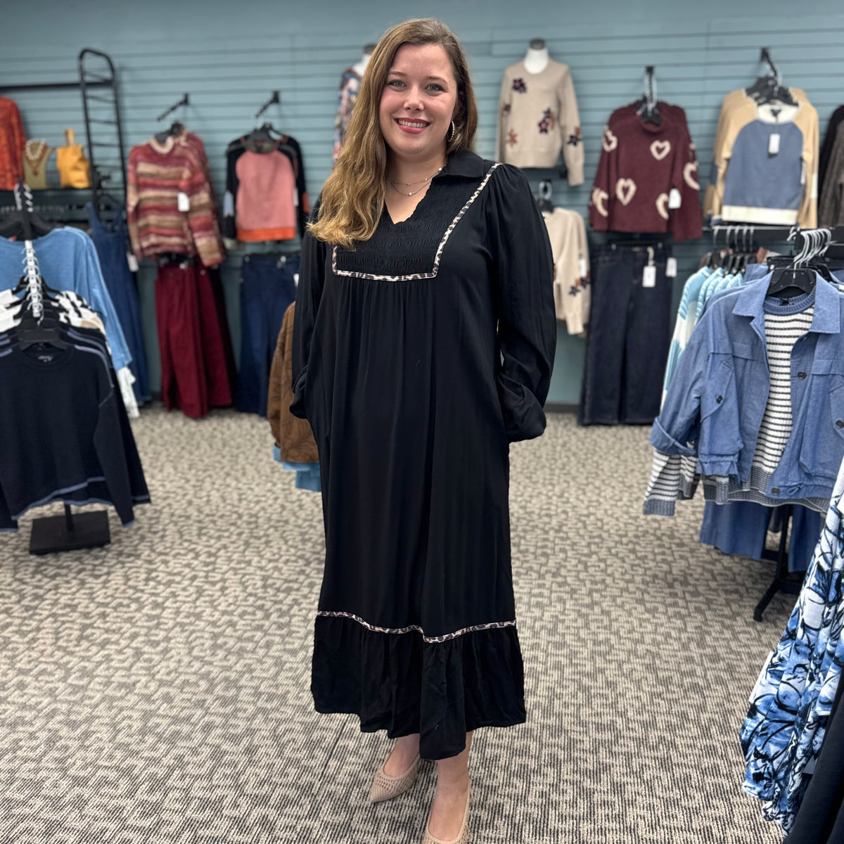Smocked Detail Dress with Contrast Trim