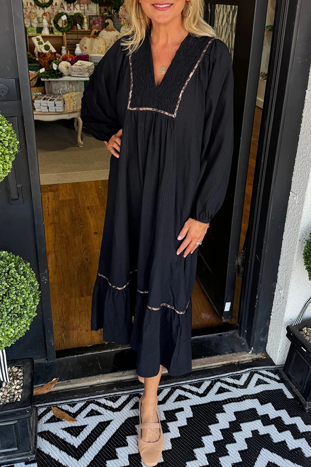 Smocked Detail Dress with Contrast Trim
