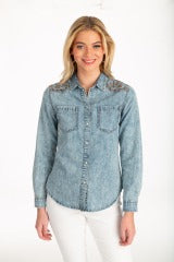 Washed Denim Shirt with Embroidered Detail