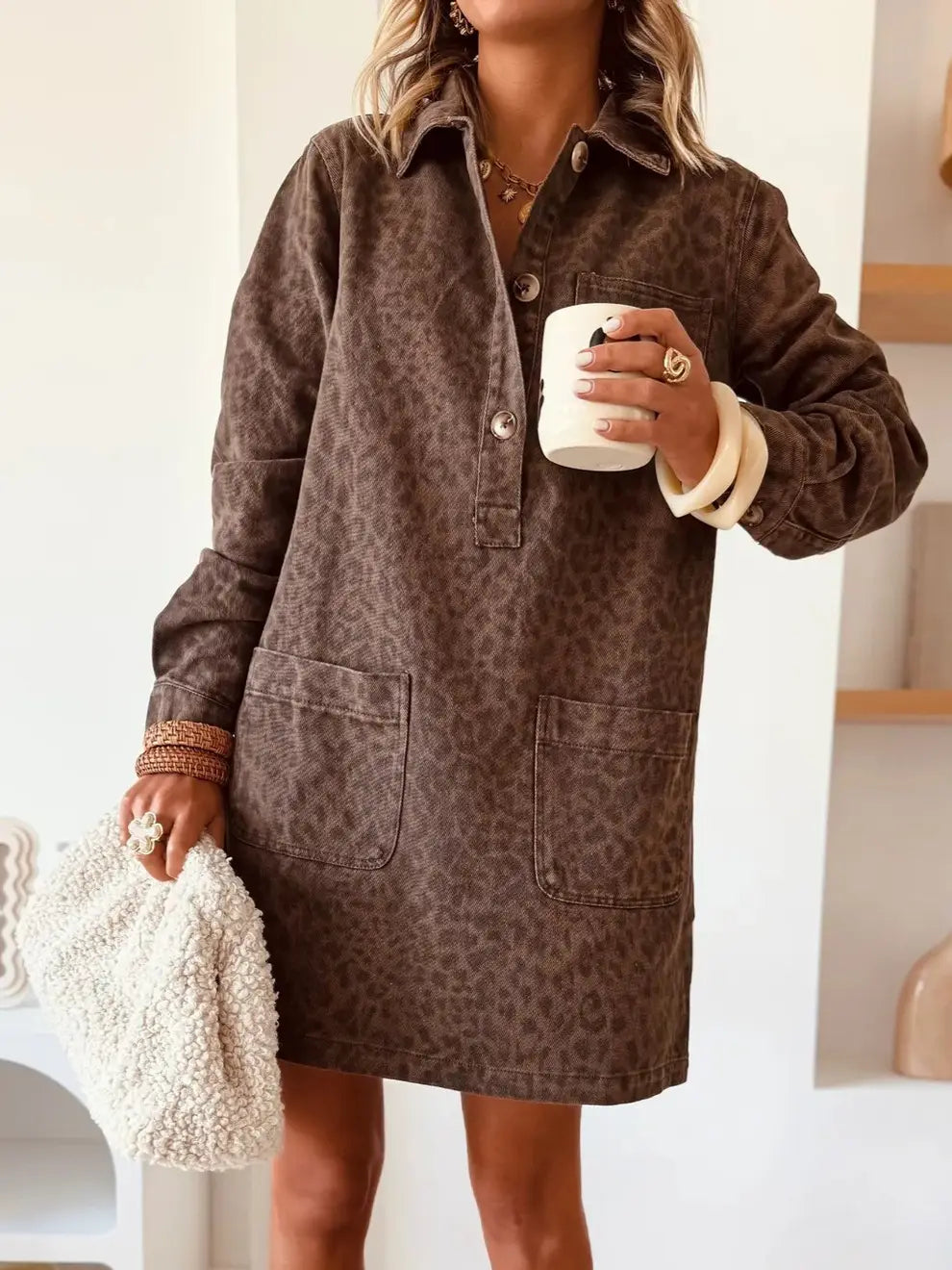 Vintage Collard Leopard Print Long Sleeve Loose Denim