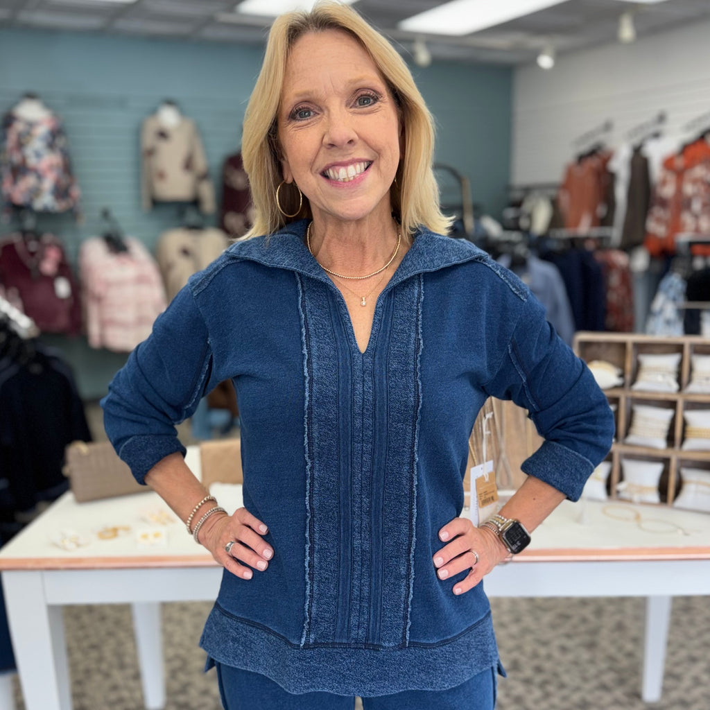 Color Washed Terry Snug Split Neck