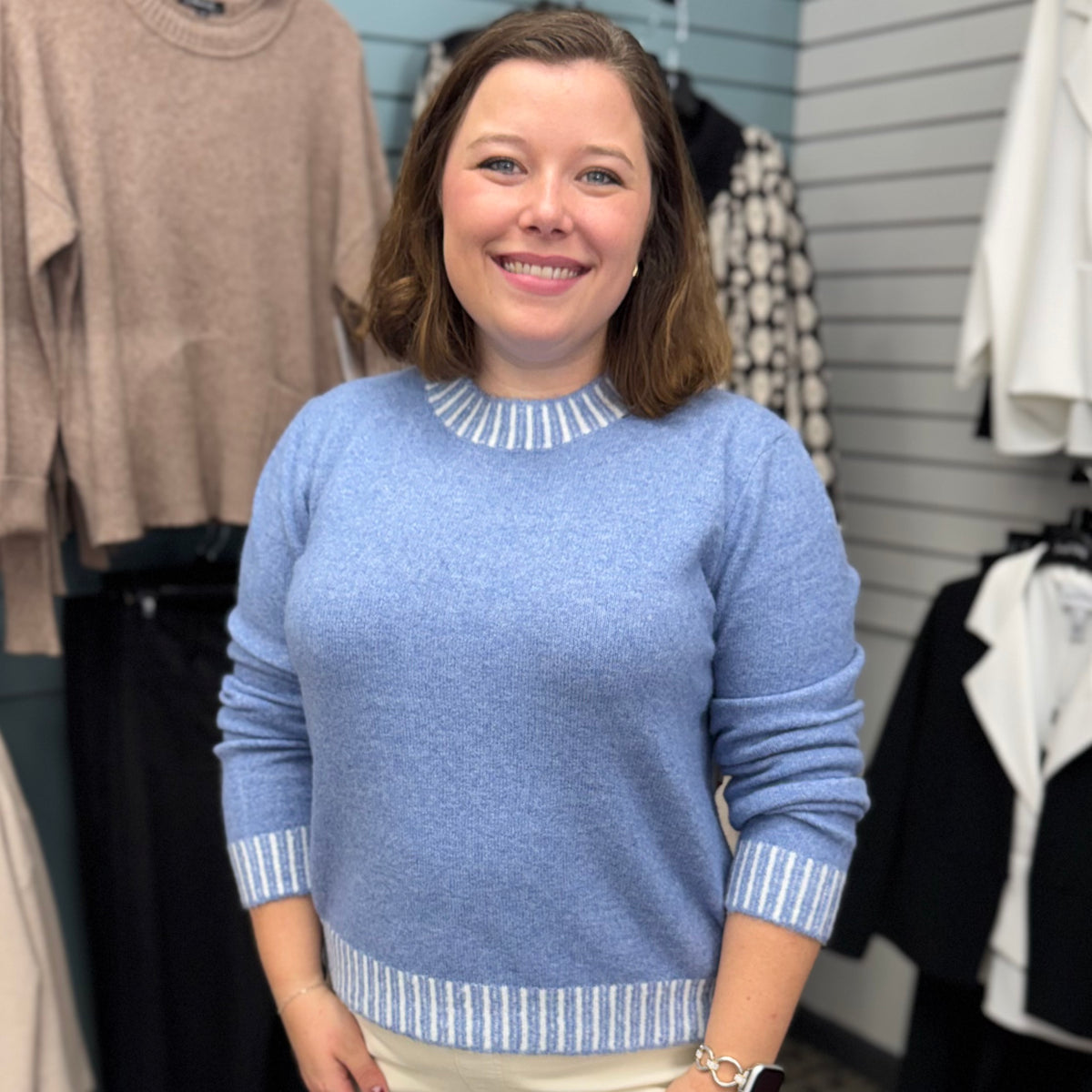 Blue & White Trim Crew Neck Sweater