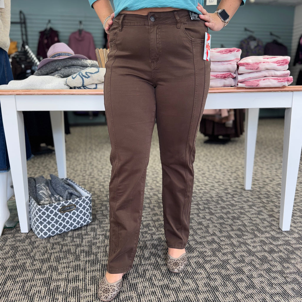 High-Waisted Stretch Slim Pant – Brown