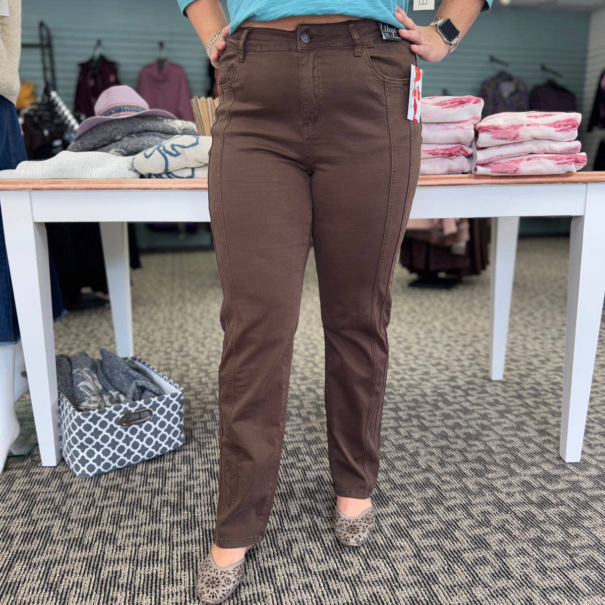 High-Waisted Stretch Slim Pant – Brown