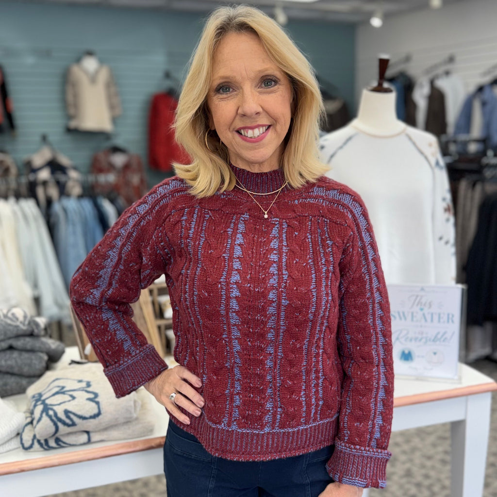 Long Sleeve Cable Knit Mock Neck Sweater