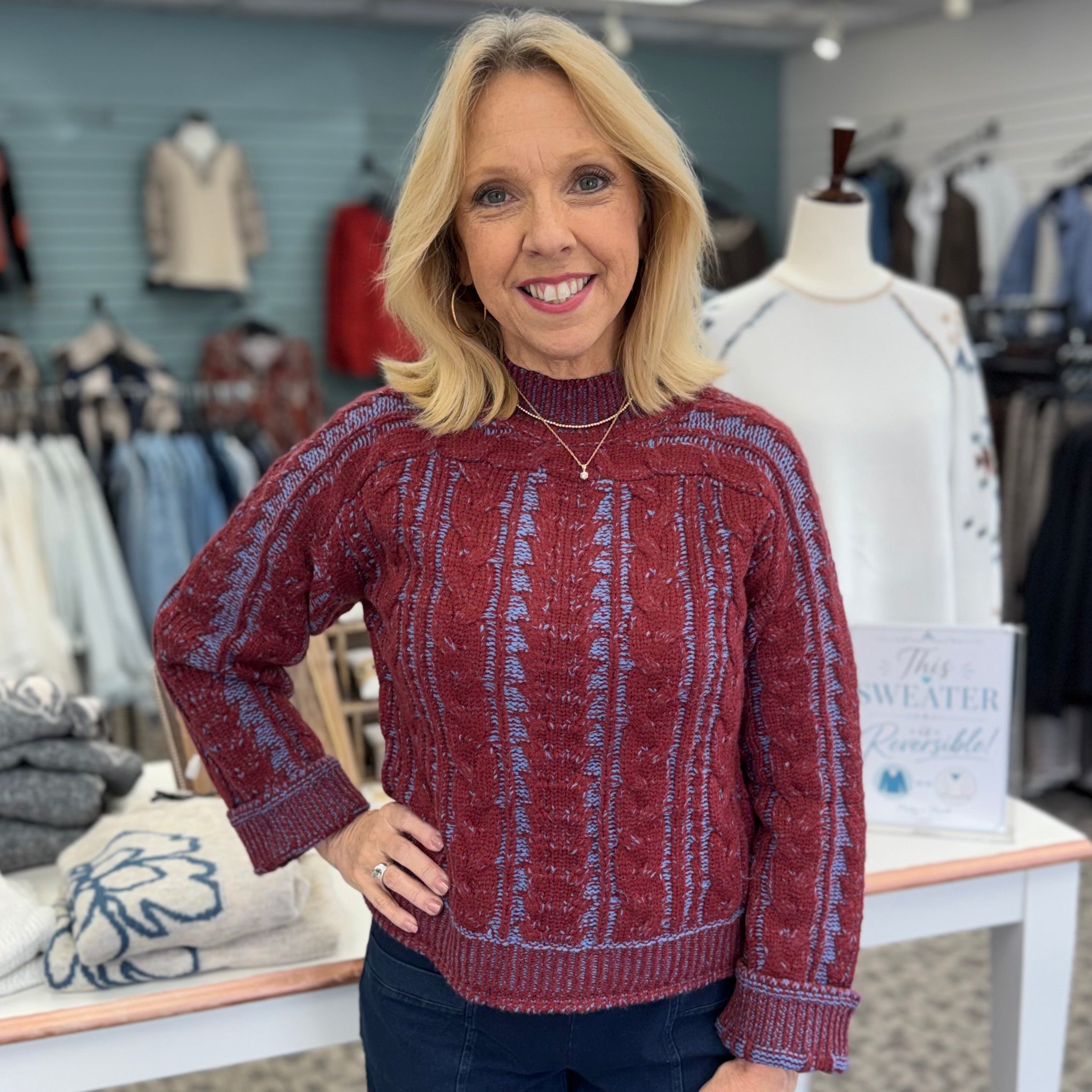 Long Sleeve Cable Knit Mock Neck Sweater
