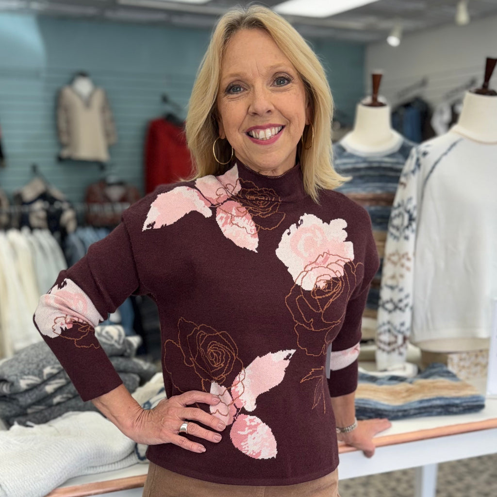 Floral Print Mock Neck Loose Fit Sweater