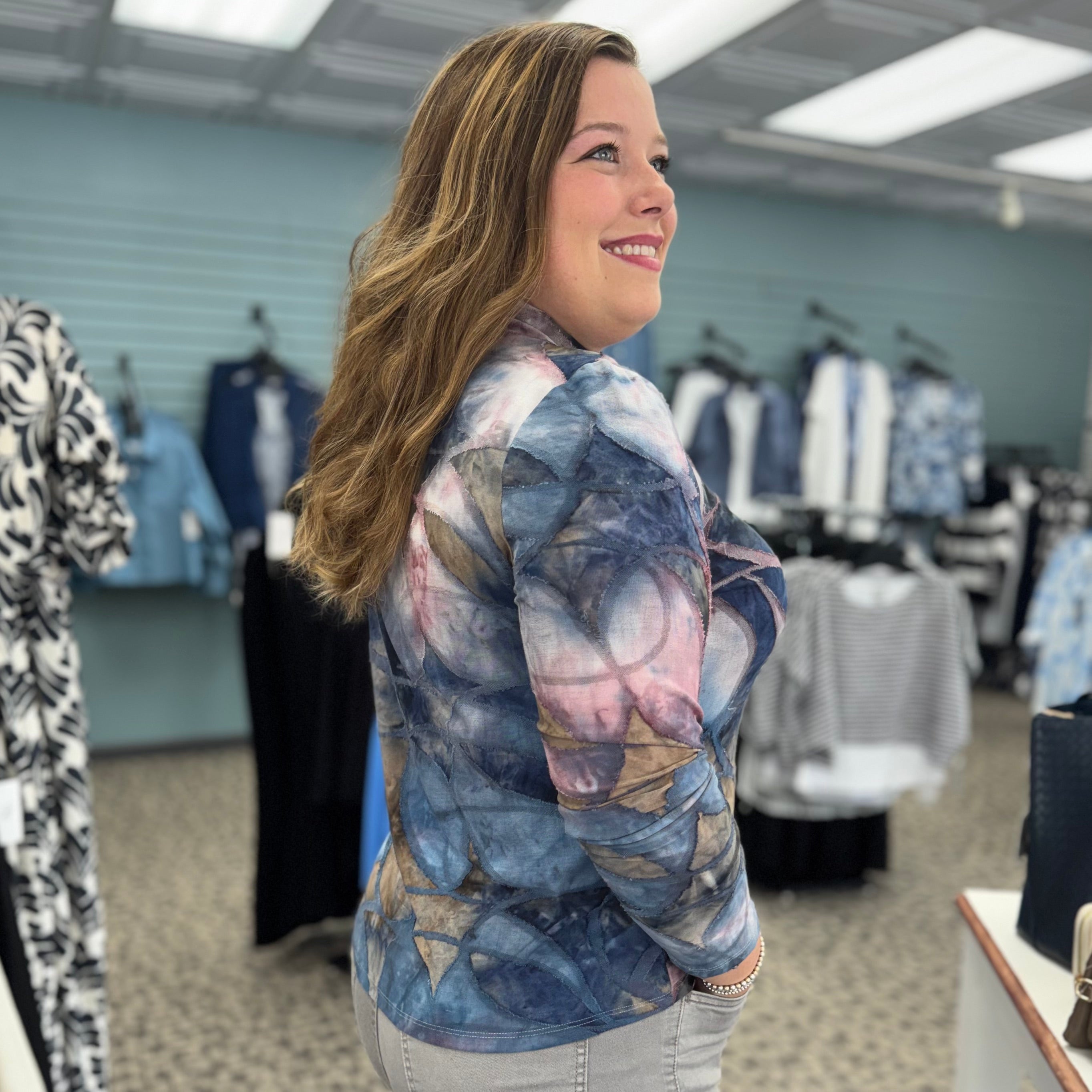 Printed Mock Neck Mesh Top