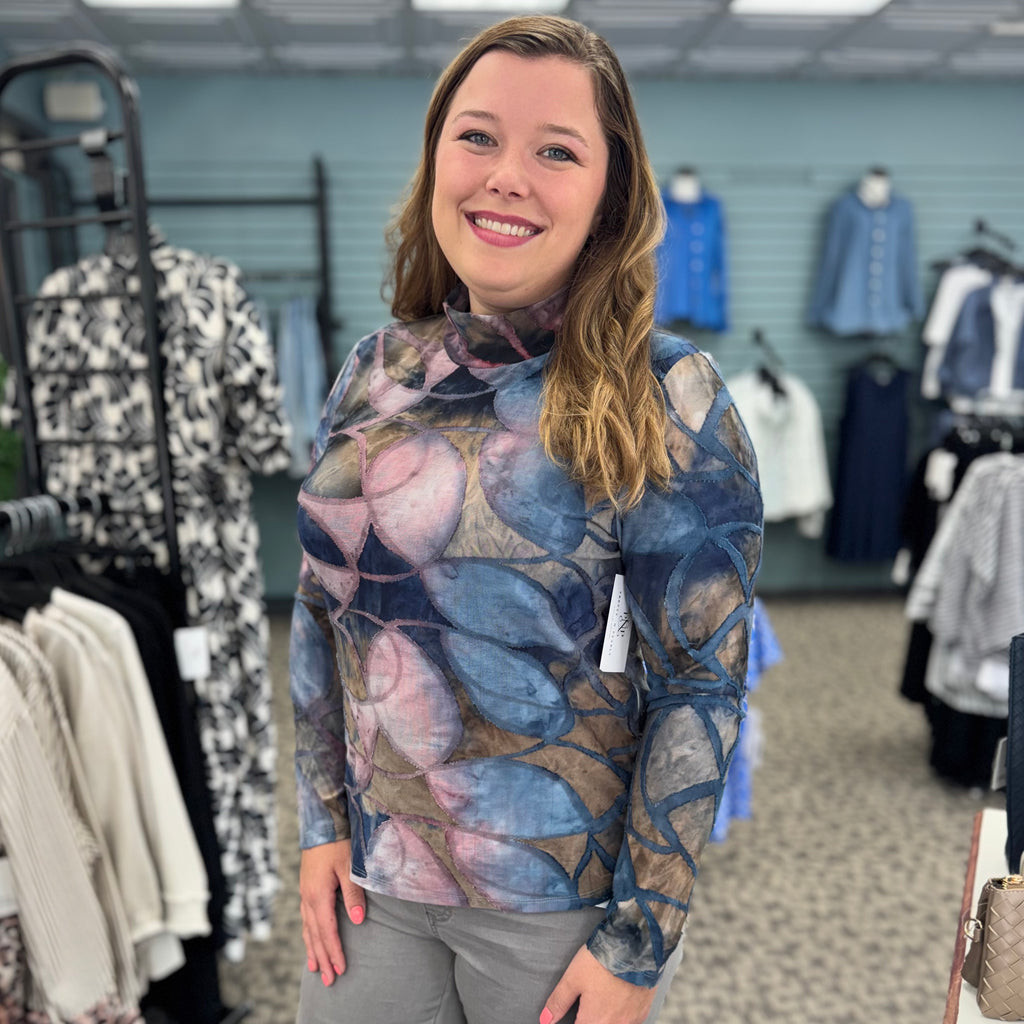Printed Mock Neck Mesh Top