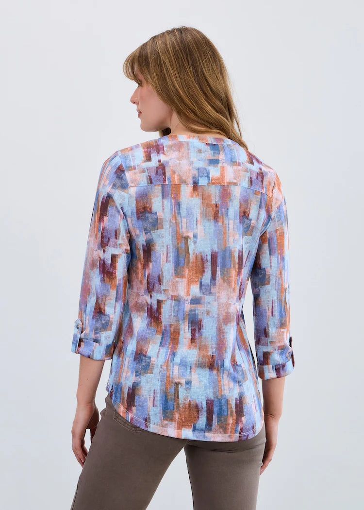 3771451 Abstract Print Roll Sleeve Top