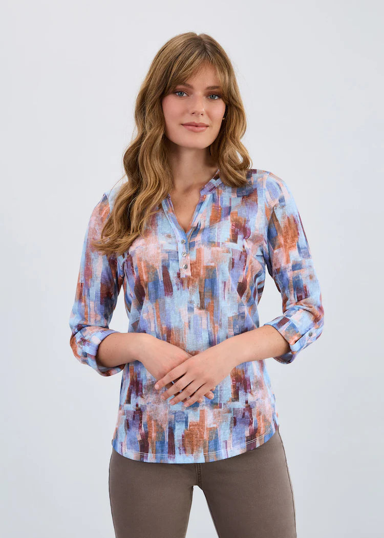 3771451 Abstract Print Roll Sleeve Top