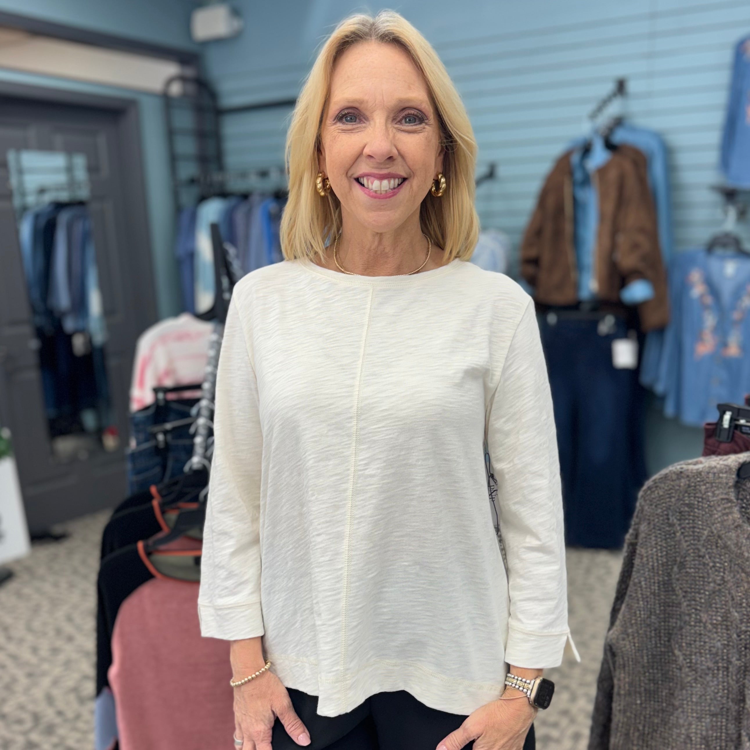 Cotton Pebble Coverstitch Boatneck Top
