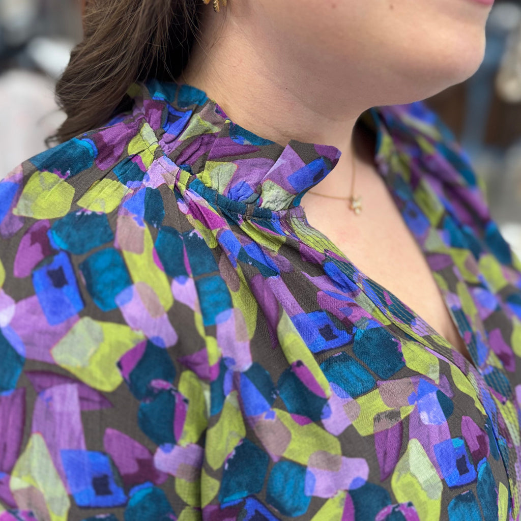 Habitat Rayon Crepe Painted Stones Ruched Collar Shirt