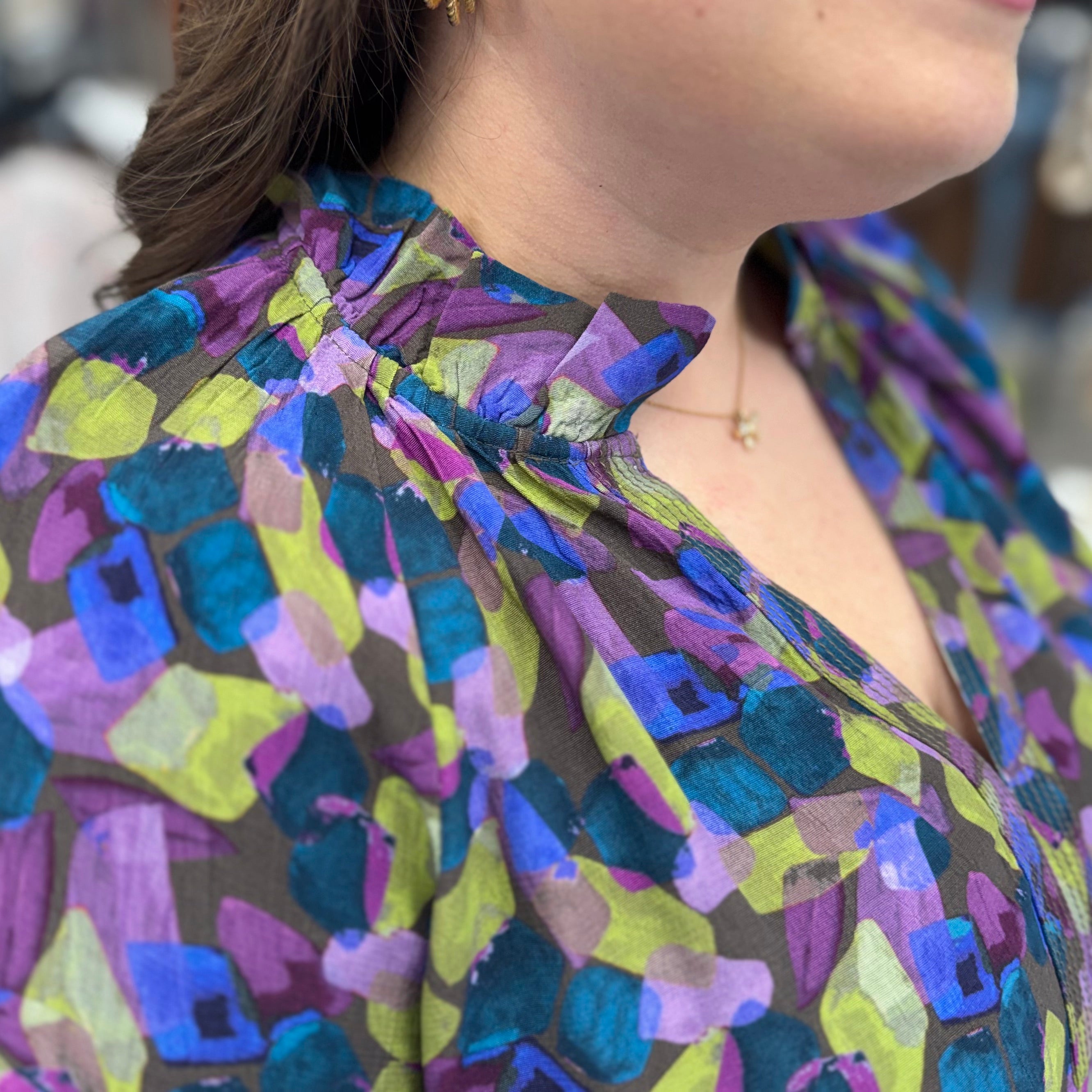 Habitat Rayon Crepe Painted Stones Ruched Collar Shirt